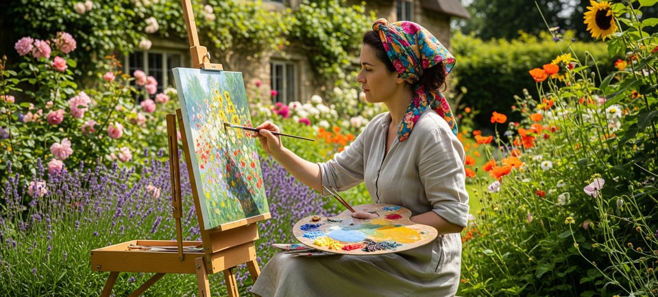 a woman in a dress and a hat is painting a picture of a woman in