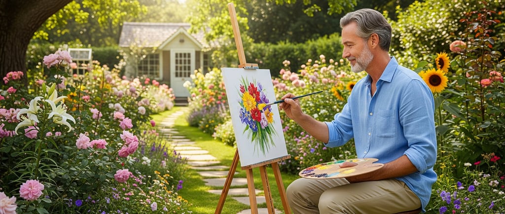 man painting delicate watercolor flowers in garden
