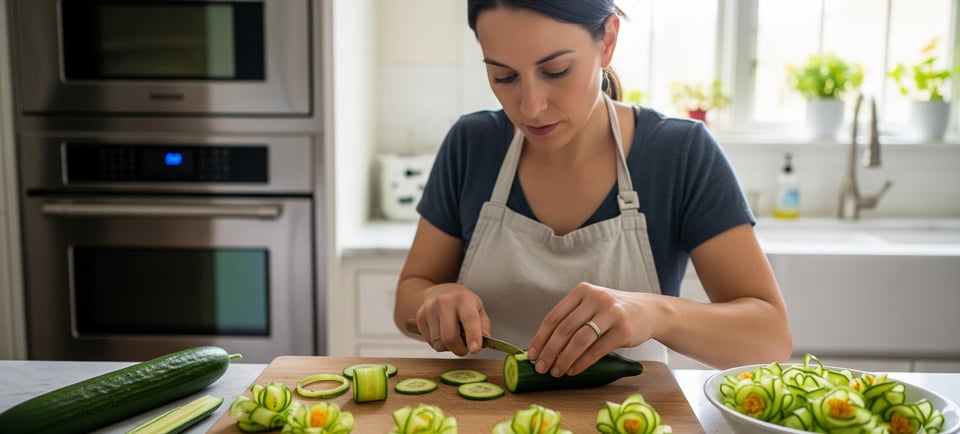 a woman in a apron is cutting cucumber cucumber