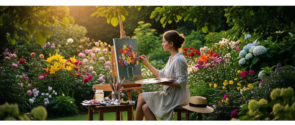 woman sat painting delicate watercolor flowers in garden
