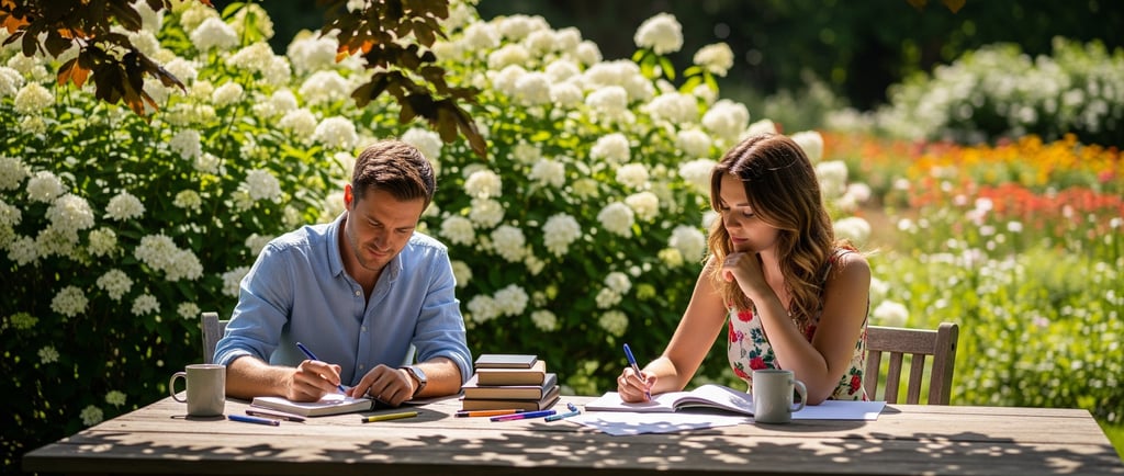 man and woman sat at garden table writing