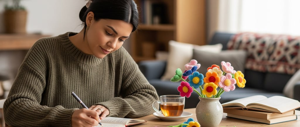 woman sat down writing in notebook