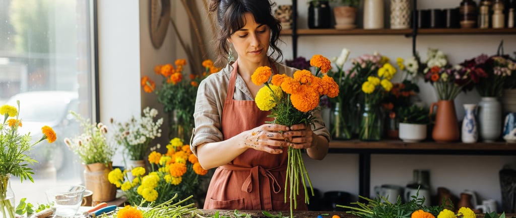 woman florust preparing a bouquet of marigolds