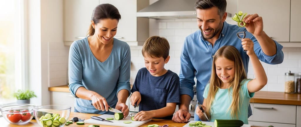 happy family preparing cucumber flowers in kitchen