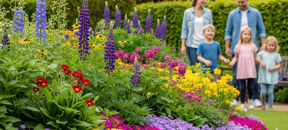 a family of four children and their parents in a garden