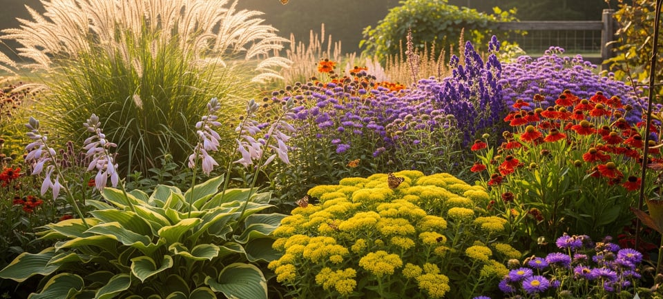 a garden with a variety of flowers and plants