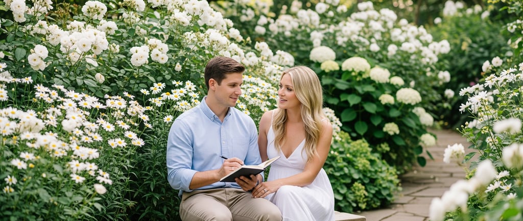 a man and woman sitting on a bench in a garden