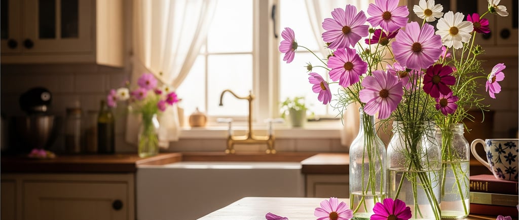 cosmos flowers in glass vases on display in kitchen