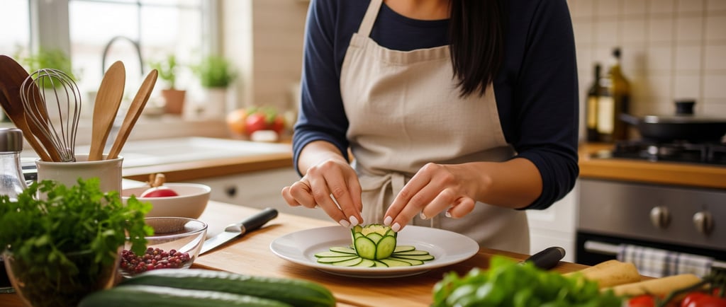 woman preparing cucumber flower garnish in home kitchen