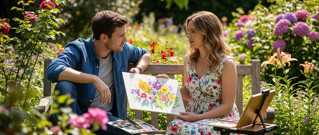 man and woman sat on bench taking about painting