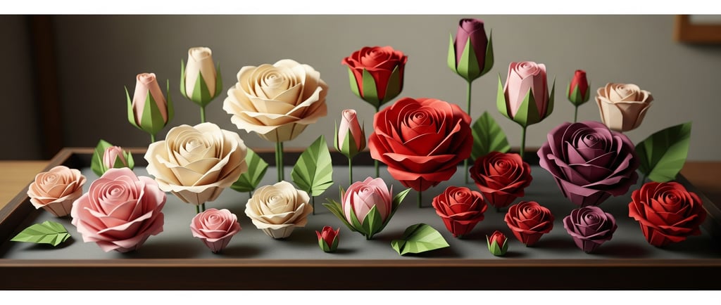 beautifil origami rose display on side table
