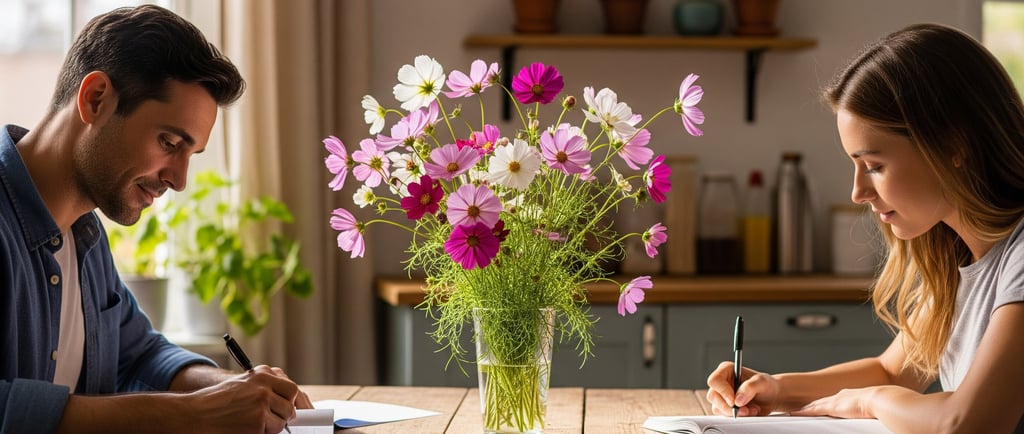 man and woman sat at writing with flowers in glass jar on table