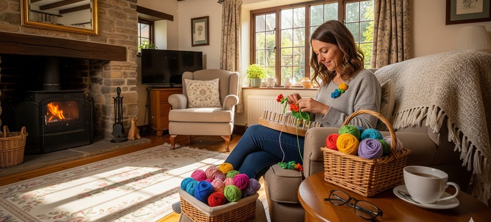 a woman sitting on a couch loom knitting flowers