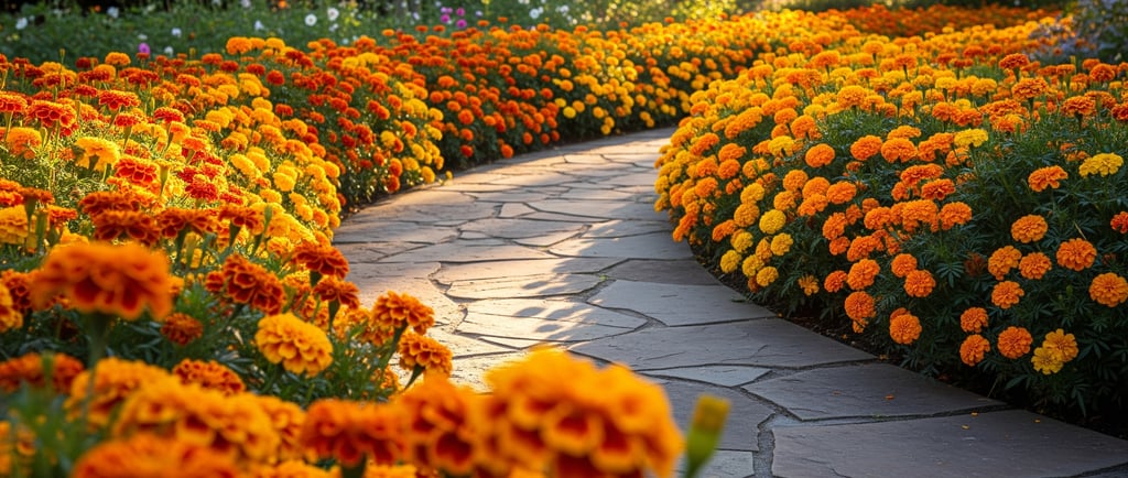 garden path flanked by marigolds on either side