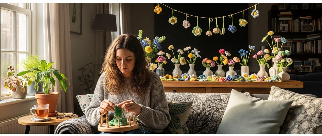 woman loom knitting with DIY knit flowers in background