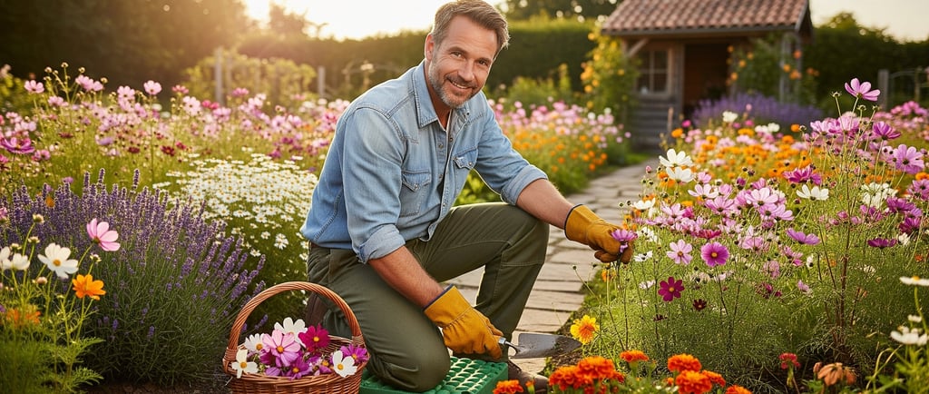 man smiling whilst in garden with cosmos sensation mixed colors flowers