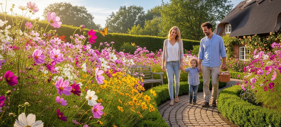 a family walking through a garden with flowers