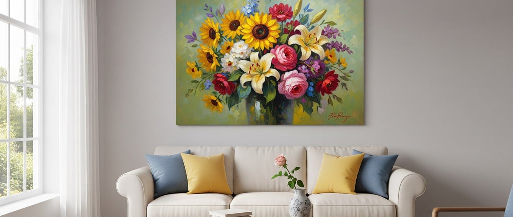 beautiful hanging flower painting in modern living room