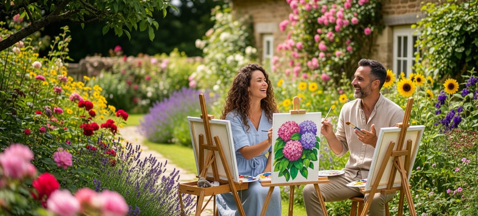 a man and woman sitting at a table in a garden