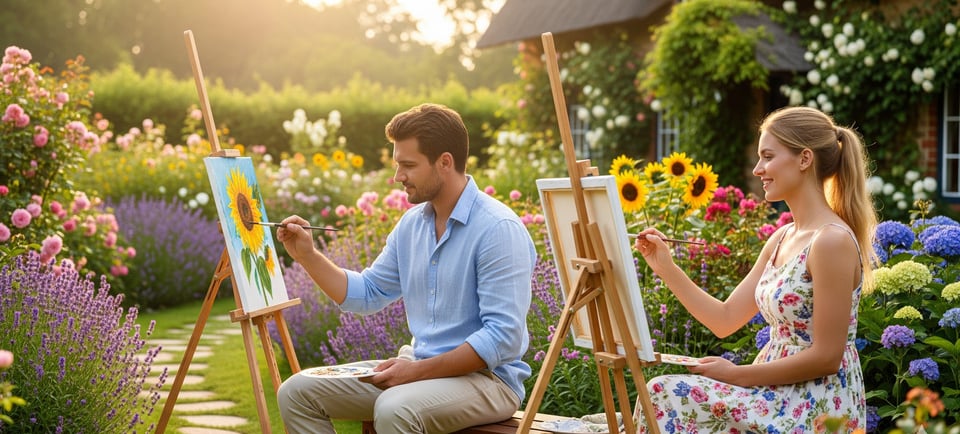 a man and woman are painting in a garden