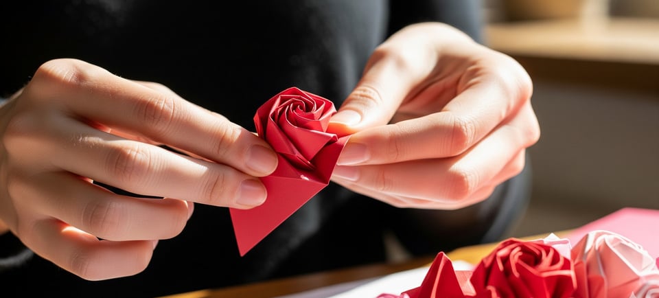 a person holding a paper rose in their hands