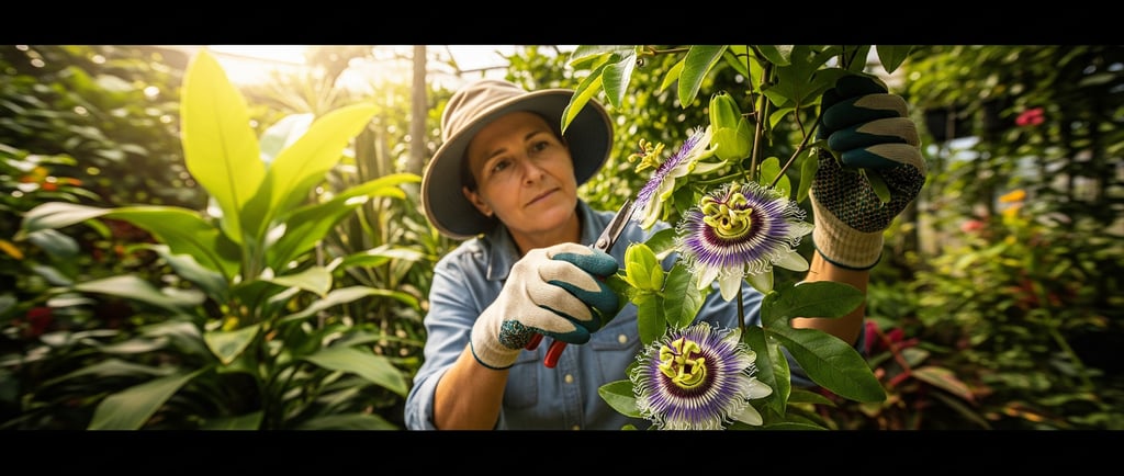 female gardener trimming passion fruit flowers