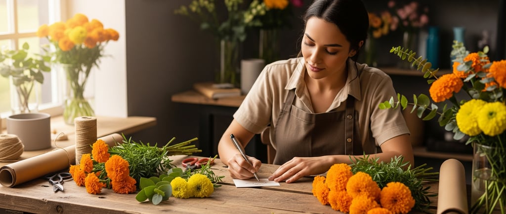 woman writing at desk surrounded by marigold flowers