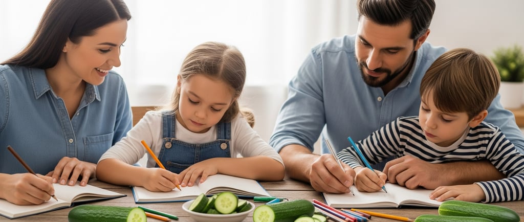 young children writing in notebooks with cucumbers on table