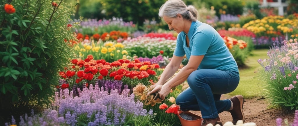 woman caring for plants in garden