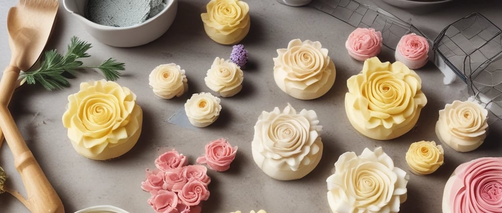 buttercream flowers and baking utensils