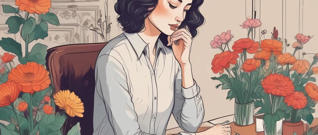 flower artwork woman at desk