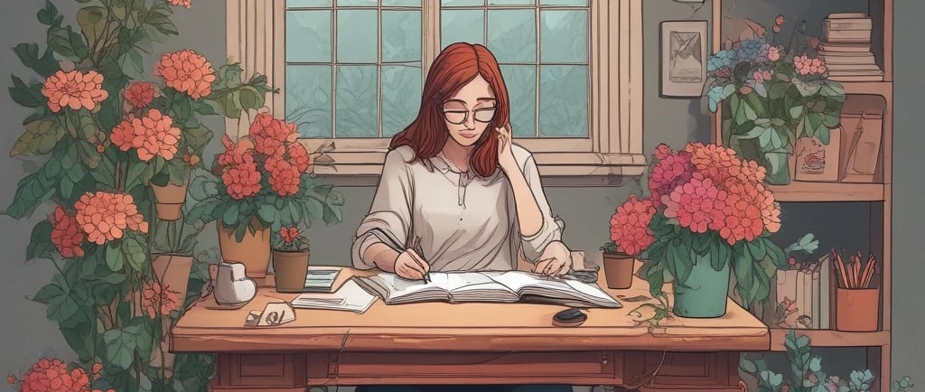 woman sat at desk writing in book