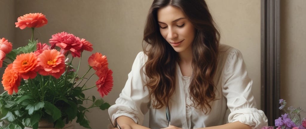 woman at table writing