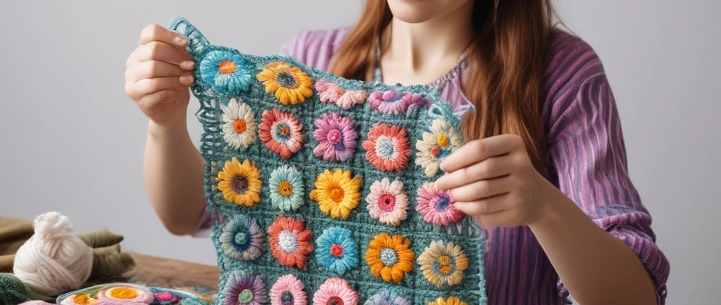 woman holding up granny square pattern