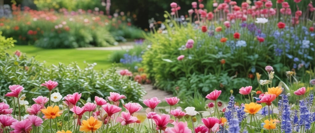 Spring flowers on a garden path