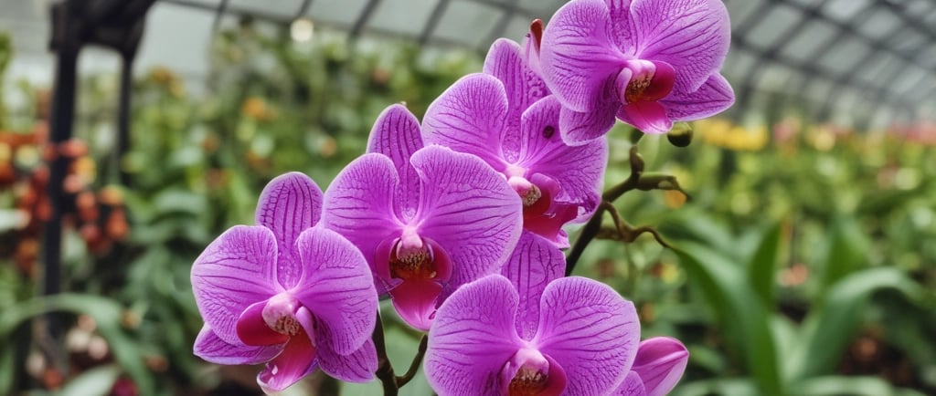 purple orchids in greenhouse