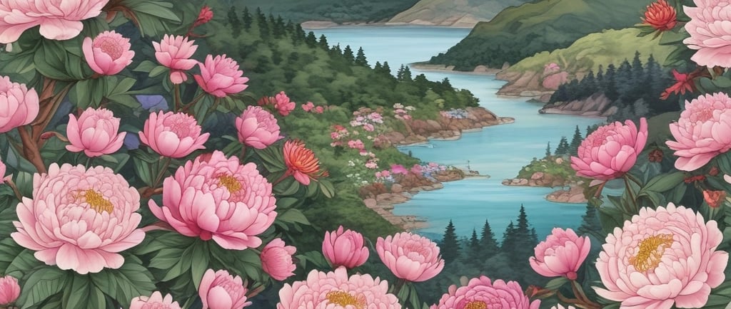 pink flowers by river in art scene