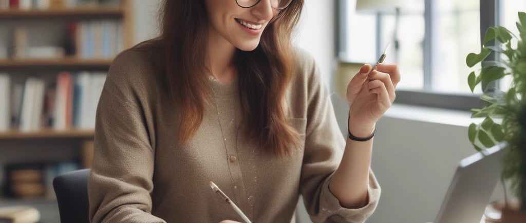 Femme concentrée devant un ordinateur portable, entourée de feuilles, recherchant des idées de petit