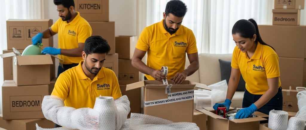 Professional movers and packers in yellow uniforms carefully packing fragile household items into moving boxes.