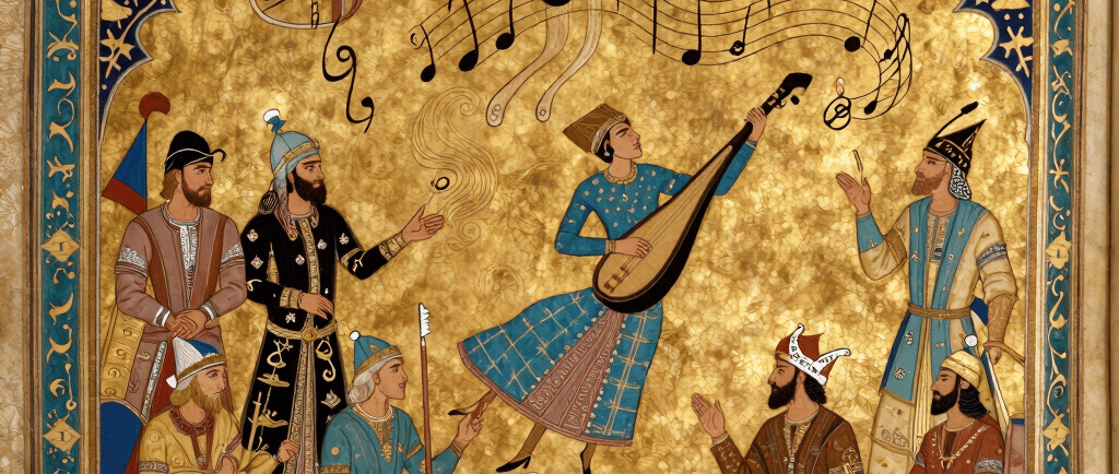 Persian miniature-style illustration of court musicians playing tar and santur beside a dancing figu