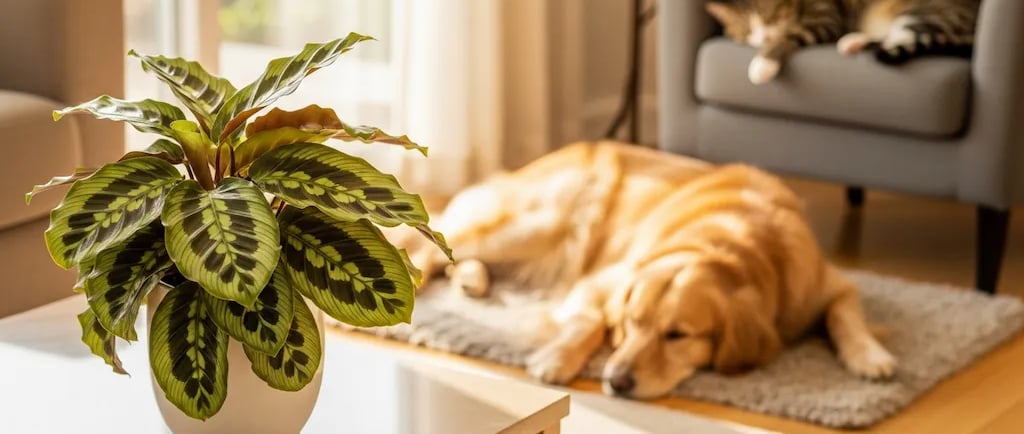 Un salón luminoso con una planta Calathea segura para mascotas, y un perro y un gato descansando