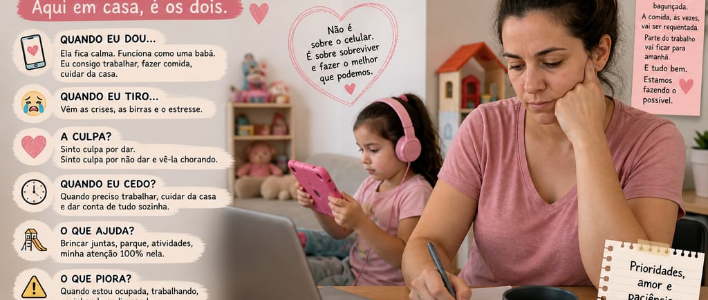 Mãe atípica trabalhando e cuidando da casa enquanto sua filha usa o celular na rotina materna.
