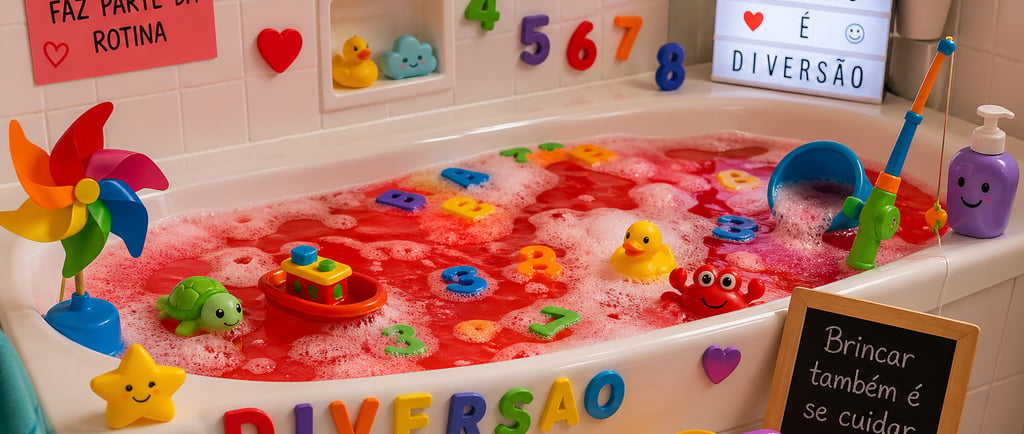 banho divertido com brinquedos, letras e números em banheira colorida representando rotina acolhedor