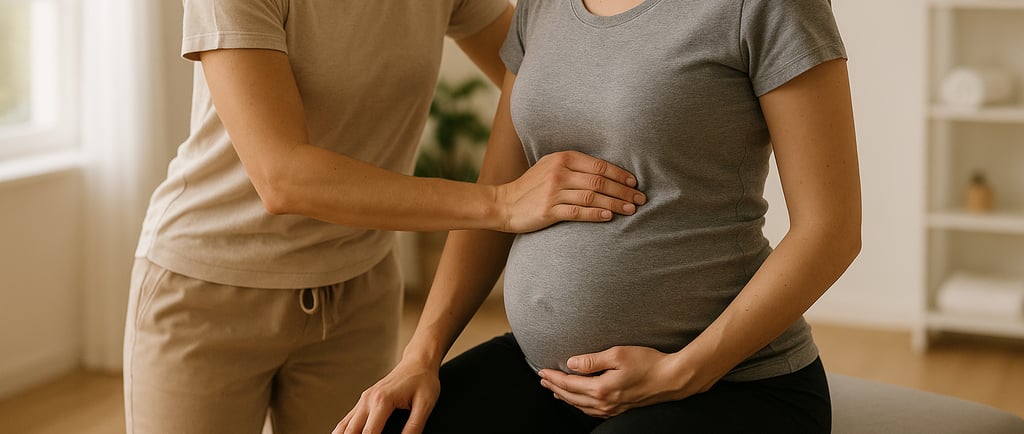 Fisioterapeuta acompañando a una mujer embarazada en el primer trimestre, en sesión de valoración co