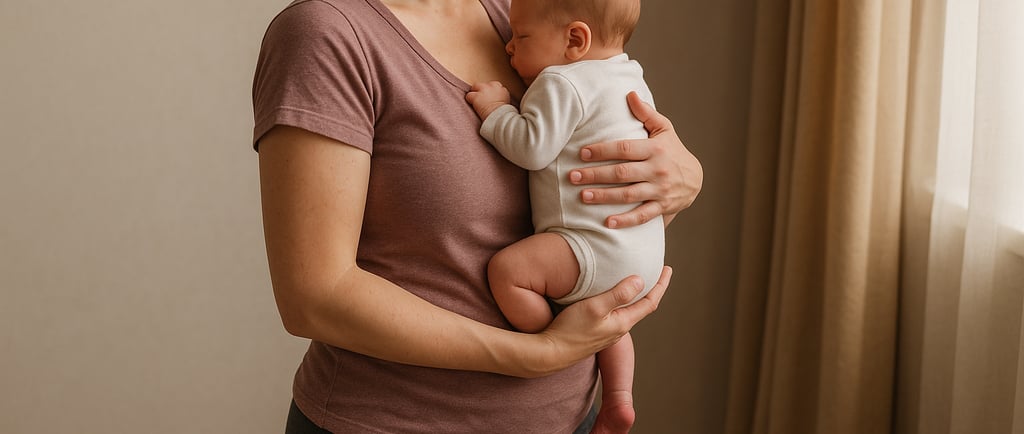 Mujer en posparto sosteniendo a su bebé con postura correcta, espalda erguida y bebé a la altura del