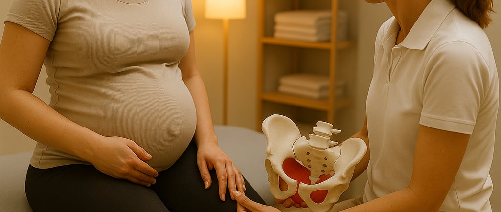 Mujer embarazada aprendiendo masaje perineal en consulta con fisioterapeuta, en entorno cómodo y pri