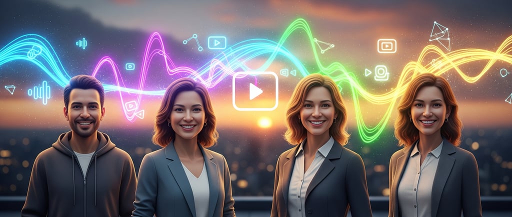 AI avatars for video creation with vibrant digital lights and city skyline.