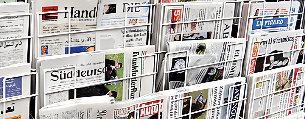 Banca de jornais com exemplares de diversos periódicos