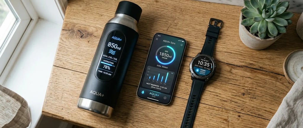 Smart Water Bottle, App and Watch on a wooden counter
