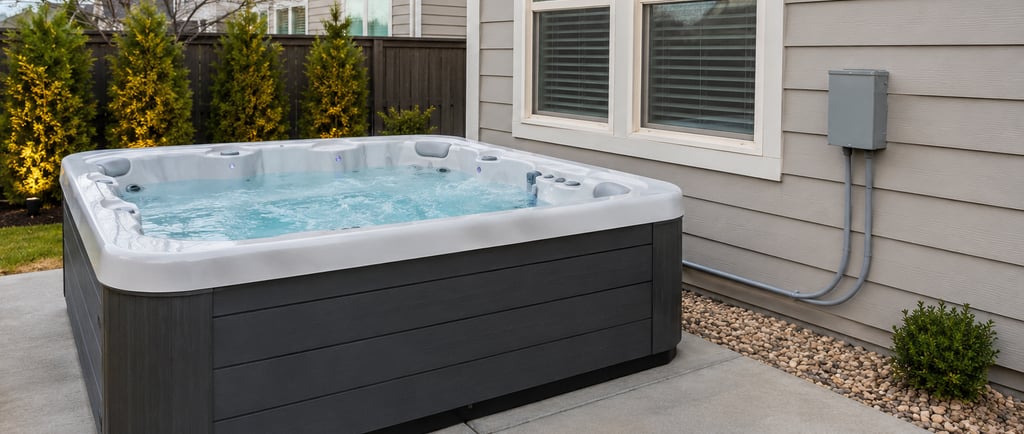 A modern outdoor hot tub with grey siding installed on a backyard concrete patio.